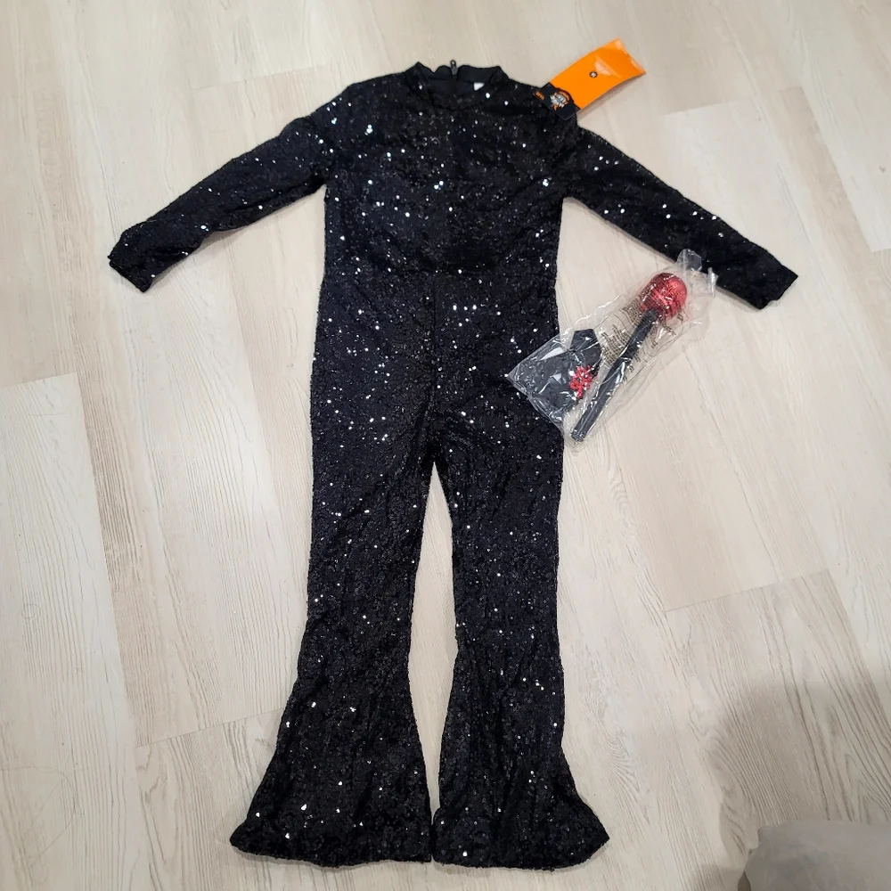 NEW HYDE and EEK Kids Glam Pop Star Sequin Bellbottom Jumpsuit ,Mic & Belt M